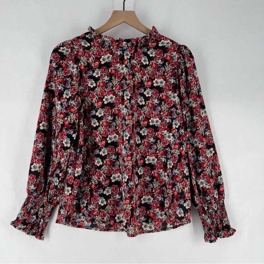 Hayden Floral Print Crepe Chiffon Ruffle Mock Neck Smocked Long Sleeve Blouse